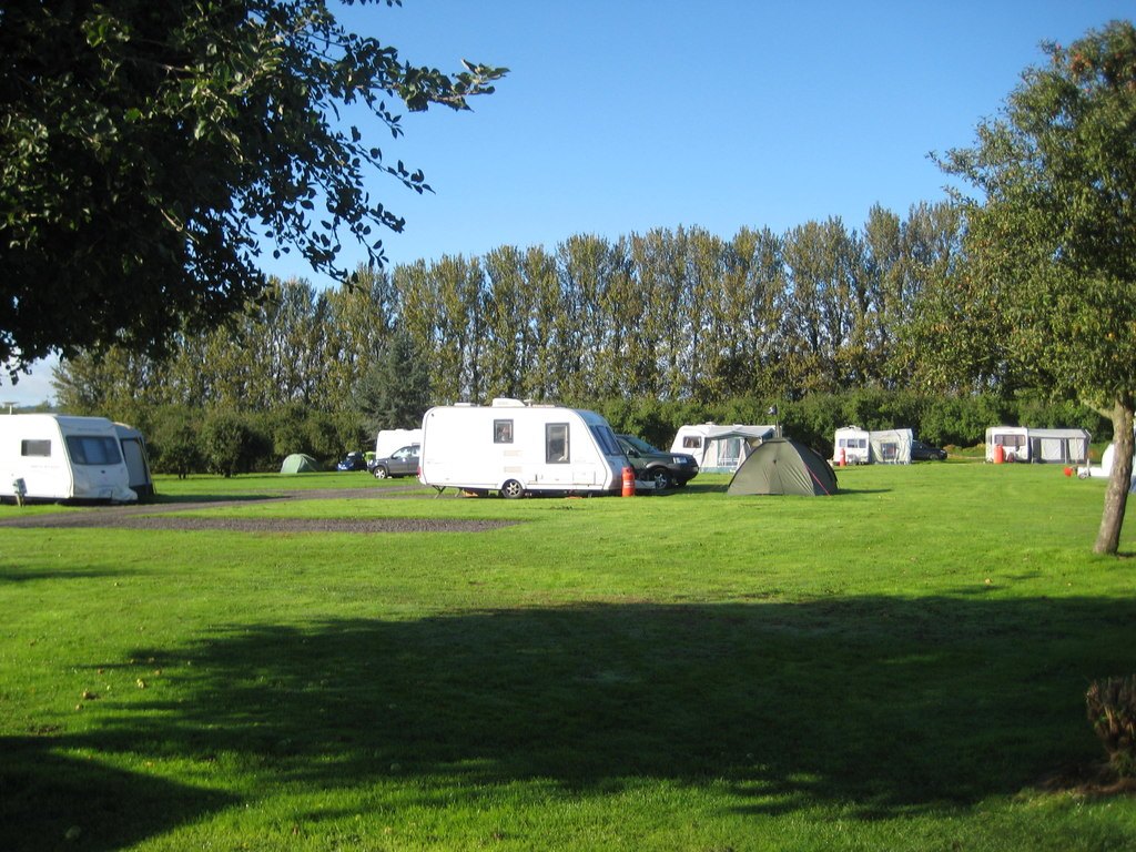 Touring caravans and tents on a caravan and camping site near South Petherton, west of Yeovil